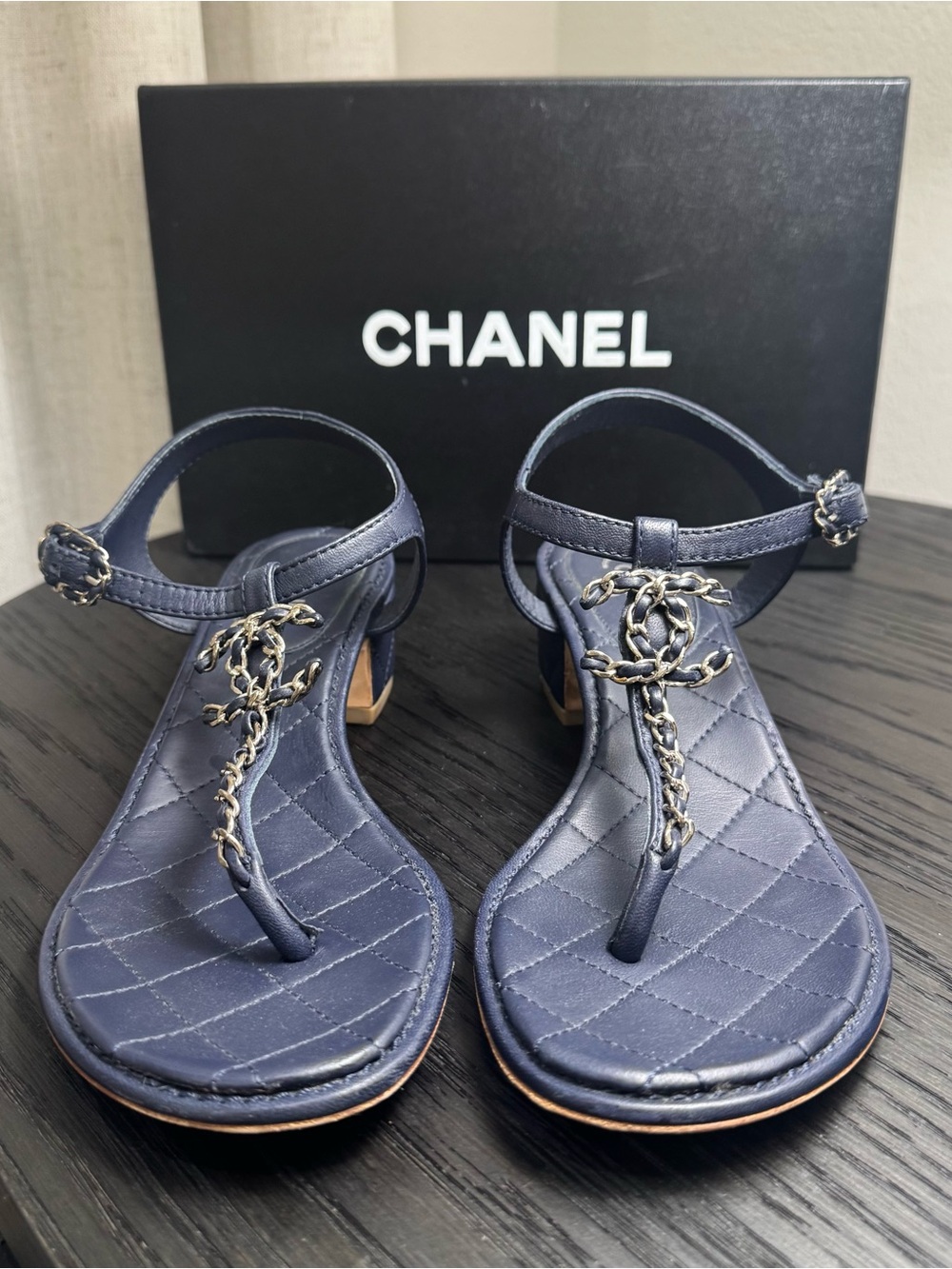 Chanel CC Chain Strap Thong Sandals Leather Navy Blue 37.5 - Picture 5 of 9